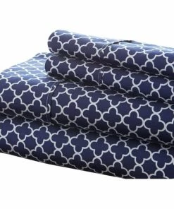 Ienjoy Home Home Collection Premium 4-Piece Quadrafoil Printed Bed Sheet Set, Full, Navy