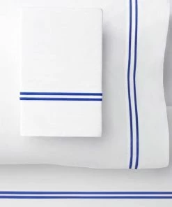 SeventhStaRetail 1000 Thread Count 2 Stripe Embroidery Sheet Set, Navy On White, Queen Sheet Set