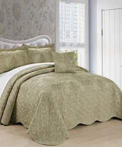 BNF Home Damask Embroidered Quilted 4 Piece Bed Spread Sets, Incense, King