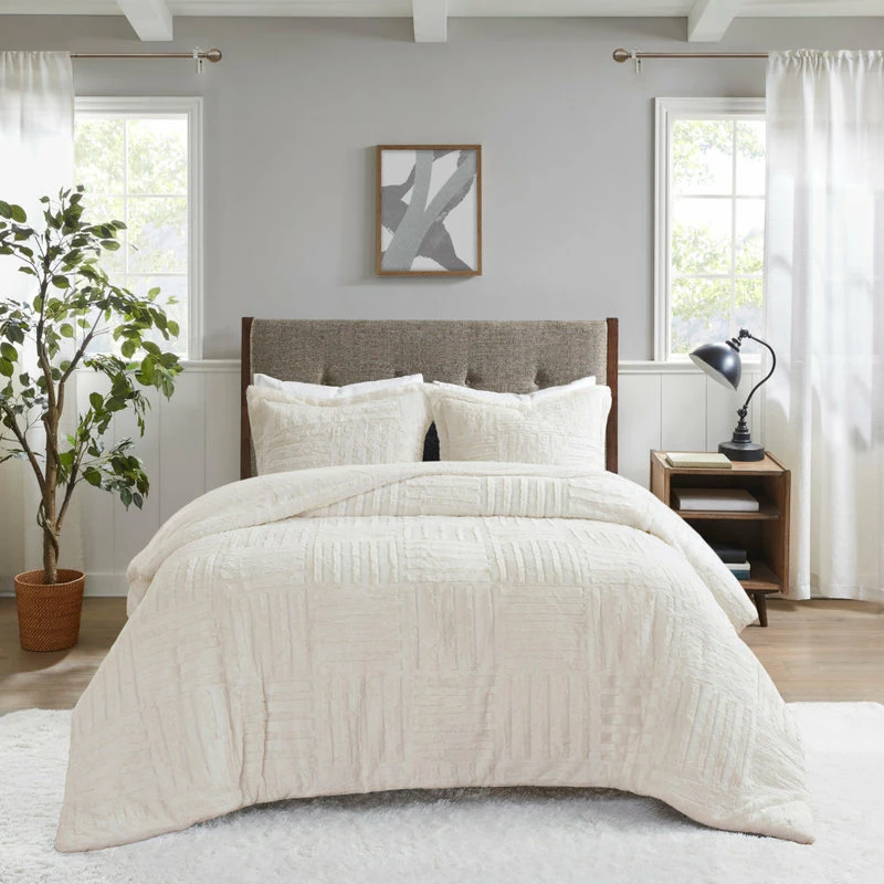 Olliix Madison Park Checkboard Brushed Long Fur Comforter Mini Set, Ivory, Full/Queen 4 Olliix Madison Park Checkboard Brushed Long Fur Comforter Mini Set, Ivory, Full/Queen - Image 4
