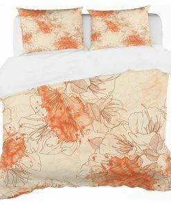 Designart Handdrawn Asian Flowers With Orange Floral Duvet Cover, Queen