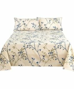 Tache Home Fashion Blue Leaf Vine Cream Poplin Cotton Flat Sheet