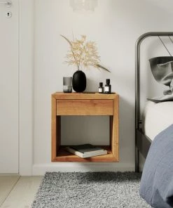 Woodek Design Floating Nightstand Cubic Hugo With Drawer, Premium Oak Wood