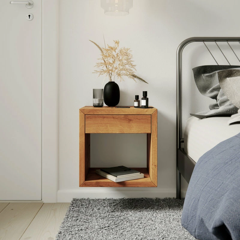 Woodek Design Floating Nightstand Cubic Hugo With Drawer, Premium Oak Wood 1 Woodek Design Floating Nightstand Cubic Hugo With Drawer, Premium Oak Wood