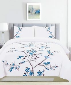 Blue Nile Mills Cherry Garden Cotton Duvet Cover And Pillow Sham, Blue, Kgck Duvet Cover Set