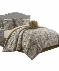 Nanshing America, Inc. Amelia Floral Jacquard 6-Piece Bedding Comforter Set, Grey/Yellow, Queen