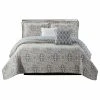BNF Home Lanza Printed Microfiber Quilt Coverlet Set, Gray, Over-Sized King, 122"x106"