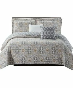 BNF Home Lanza Printed Microfiber Quilt Coverlet Set, Gray, Over-Sized King, 122"x106"