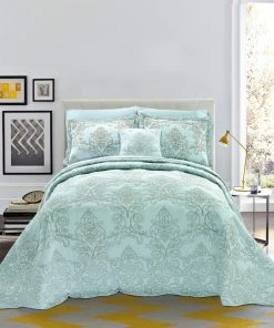 BNF Home Damask Embroidered Quilted 4 Piece Bed Spread Sets, Light Blue, Queen