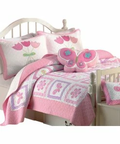 Cozy Line Home Fashions Butterfly Flower 100%Cotton Twin-Size Quilt Set