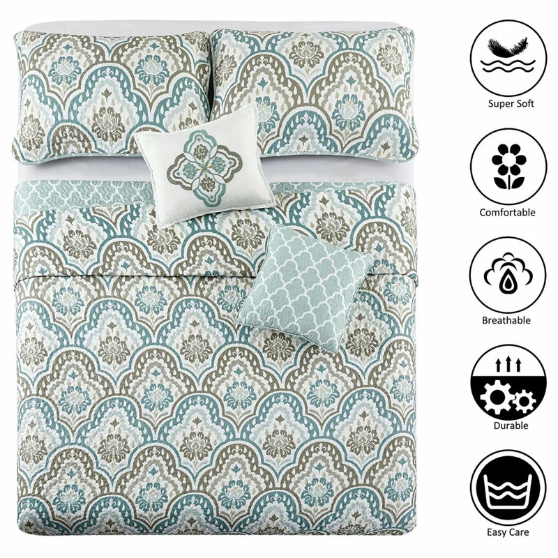 BNF Home Tivoli Ikat Quilted 5 Piece Bed Spread Set, Teal Aqua, Floor Touching King 4 BNF Home Tivoli Ikat Quilted 5 Piece Bed Spread Set, Teal Aqua, Floor Touching King - Image 4