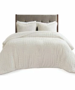 Olliix Madison Park Checkboard Brushed Long Fur Comforter Mini Set, Ivory, Full/Queen