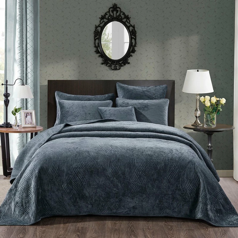 Tache Home Fashion Navy Blue Velvet Plush Waves Bedspread Set, Queen 2 Tache Home Fashion Navy Blue Velvet Plush Waves Bedspread Set, Queen - Image 2