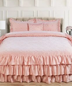 BNF Home Matte Satin Ruffle 4 Piece Bed Spread Set, Pink, Queen