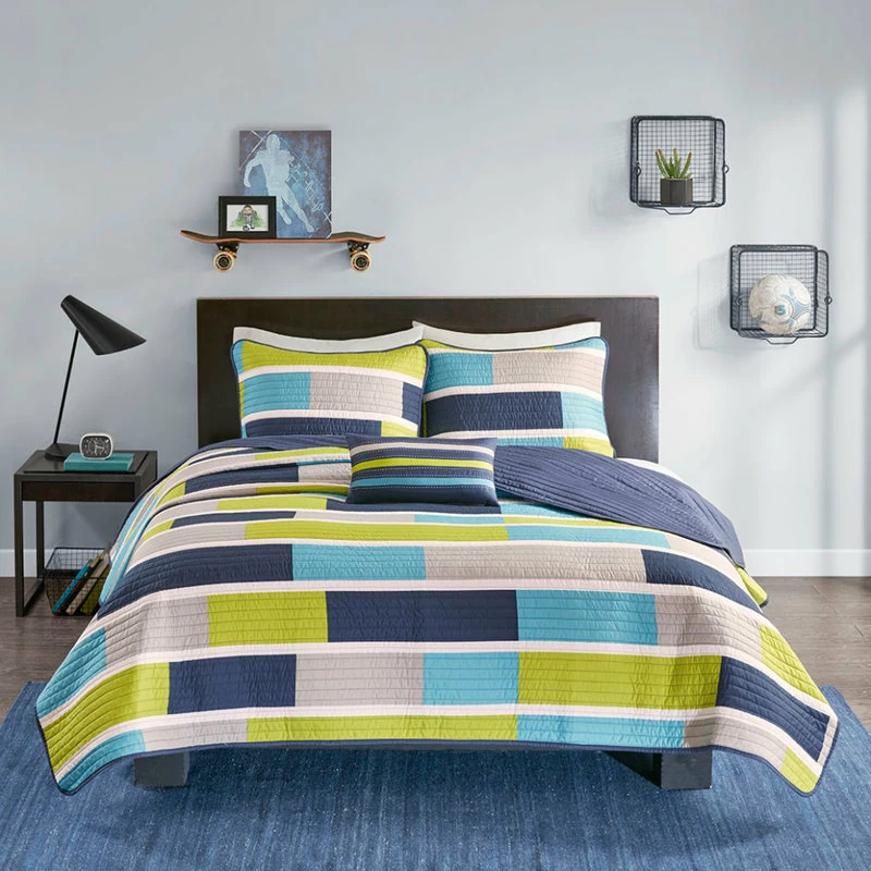 Olliix Mi Zone Bradley Brick Stripe Youth Coverlet Set, Lime Blue, Antimicrobial 2 Olliix Mi Zone Bradley Brick Stripe Youth Coverlet Set, Lime Blue, Antimicrobial - Image 2