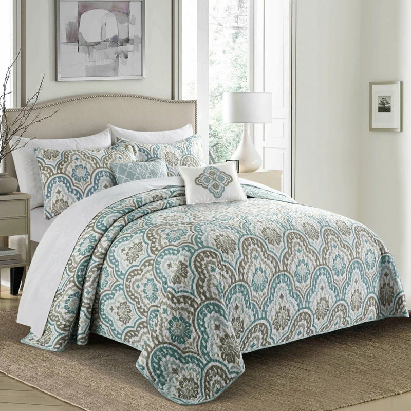 BNF Home Tivoli Ikat Quilted 5 Piece Bed Spread Set, Teal Aqua, Floor Touching King 2 BNF Home Tivoli Ikat Quilted 5 Piece Bed Spread Set, Teal Aqua, Floor Touching King - Image 2