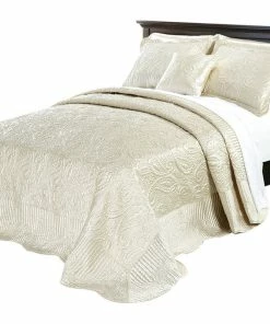 BNF Home Quilted Satin 4 Piece Bed Spread Set, Champagne, King