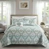 BNF Home Tivoli Ikat Quilted 5 Piece Bed Spread Set, Teal Aqua, Floor Touching King