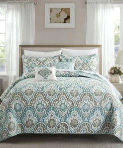 BNF Home Tivoli Ikat Quilted 5 Piece Bed Spread Set, Teal Aqua, Floor Touching King