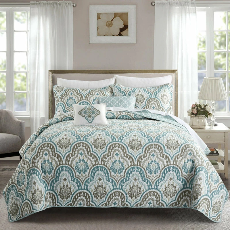 BNF Home Tivoli Ikat Quilted 5 Piece Bed Spread Set, Teal Aqua, Floor Touching King 1 BNF Home Tivoli Ikat Quilted 5 Piece Bed Spread Set, Teal Aqua, Floor Touching King