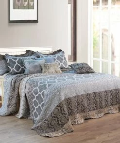 BNF Home Serenta Floral Medalion 9-Piece Bed Spread Set, Gray, King, 122"x106"