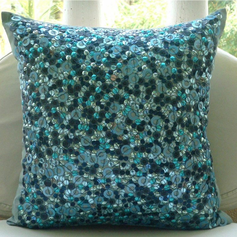 The HomeCentric 3D Sequins Blue Pillow Shams, Art Silk 24"x24" Pillow Shams, Sea The Dream 2 The HomeCentric 3D Sequins Blue Pillow Shams, Art Silk 24"x24" Pillow Shams, Sea The Dream - Image 2