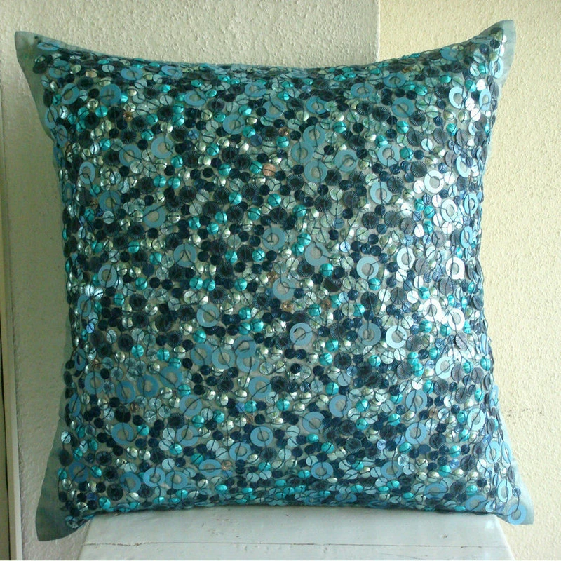 The HomeCentric 3D Sequins Blue Pillow Shams, Art Silk 24"x24" Pillow Shams, Sea The Dream 3 The HomeCentric 3D Sequins Blue Pillow Shams, Art Silk 24"x24" Pillow Shams, Sea The Dream - Image 3