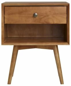 Walker Edison MCM 1 Drawer Solid Wood Nightstand, Caramel