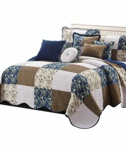 BNF Home Patchwork Quilted 8-Piece Bed Spread Coverlet Set, Dark Blue, King