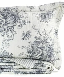 Melange Home Toile Cotton Reversible Bamboo Stripe Quilt Set, Grey, Full/Queen