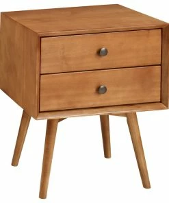 Walker Edison Mid-Century 2 Drawer Solid Wood Nightstand, Caramel