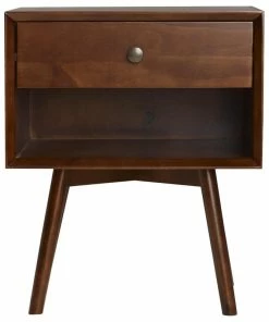 Walker Edison MCM 1 Drawer Solid Wood Nightstand, Walnut