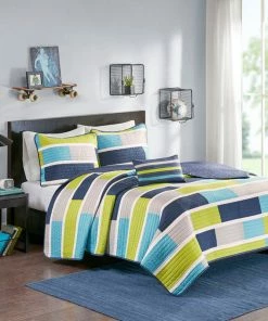 Olliix Mi Zone Bradley Brick Stripe Youth Coverlet Set, Lime Blue, Antimicrobial