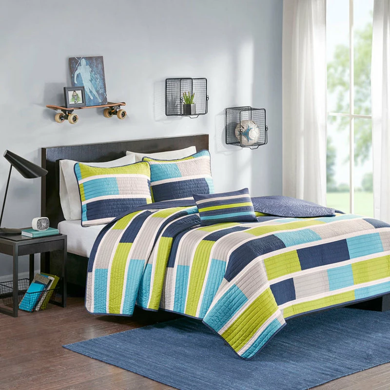Olliix Mi Zone Bradley Brick Stripe Youth Coverlet Set, Lime Blue, Antimicrobial 1 Olliix Mi Zone Bradley Brick Stripe Youth Coverlet Set, Lime Blue, Antimicrobial