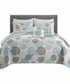 BNF Home Serenta Marina Medallion Quilted 6 Piece Bed Spread Set, Dark Gray / Granite, Ki