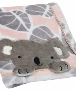Lambs & Ivy Calypso Pink/Gray Koala Leaf Print Luxury Coral Fleece Baby Blanket