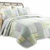 Cozy Line Home Fashions Fresno Green Stripe Real Patchwork 100%Cotton Quilt Set, King Set