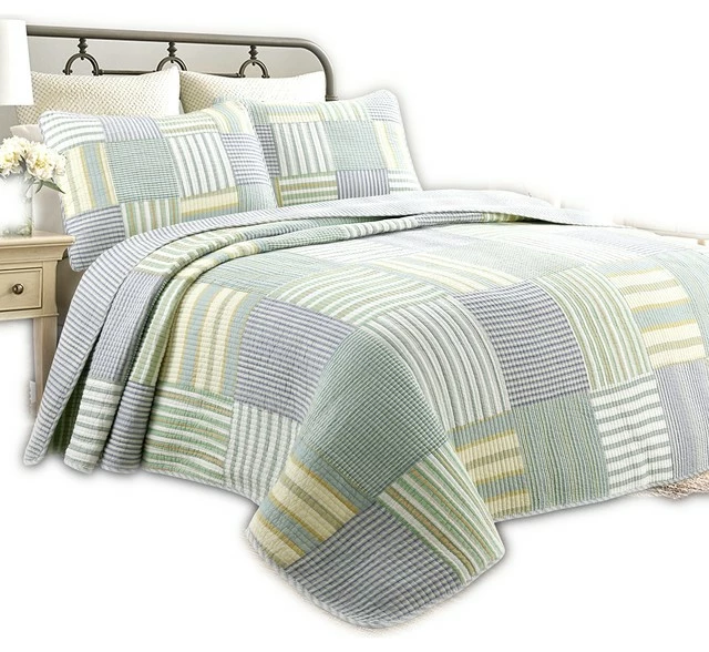 Cozy Line Home Fashions Fresno Green Stripe Real Patchwork 100%Cotton Quilt Set, King Set 1 Cozy Line Home Fashions Fresno Green Stripe Real Patchwork 100%Cotton Quilt Set, King Set