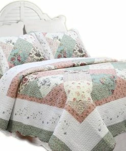 Cozy Line Home Fashions Grace Celadon Real Patchwork Cotton Quilt Set, Full/Queen Set