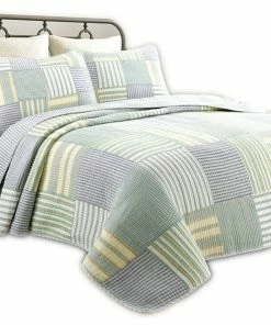 Cozy Line Home Fashions Fresno Green Stripe Real Patchwork 100%Cotton Quilt Set, Twin Set