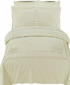 Royal Tradition Athena Embroidered 100% Cotton Duvet Cover Set, Ivory And Ivory, King/Cal King